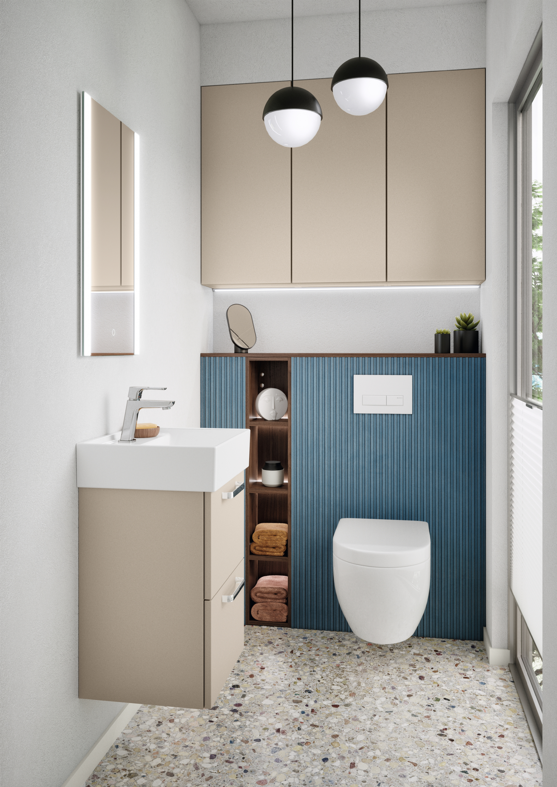 Toilette mit kleinem Waschbecken in hellem, modernem design