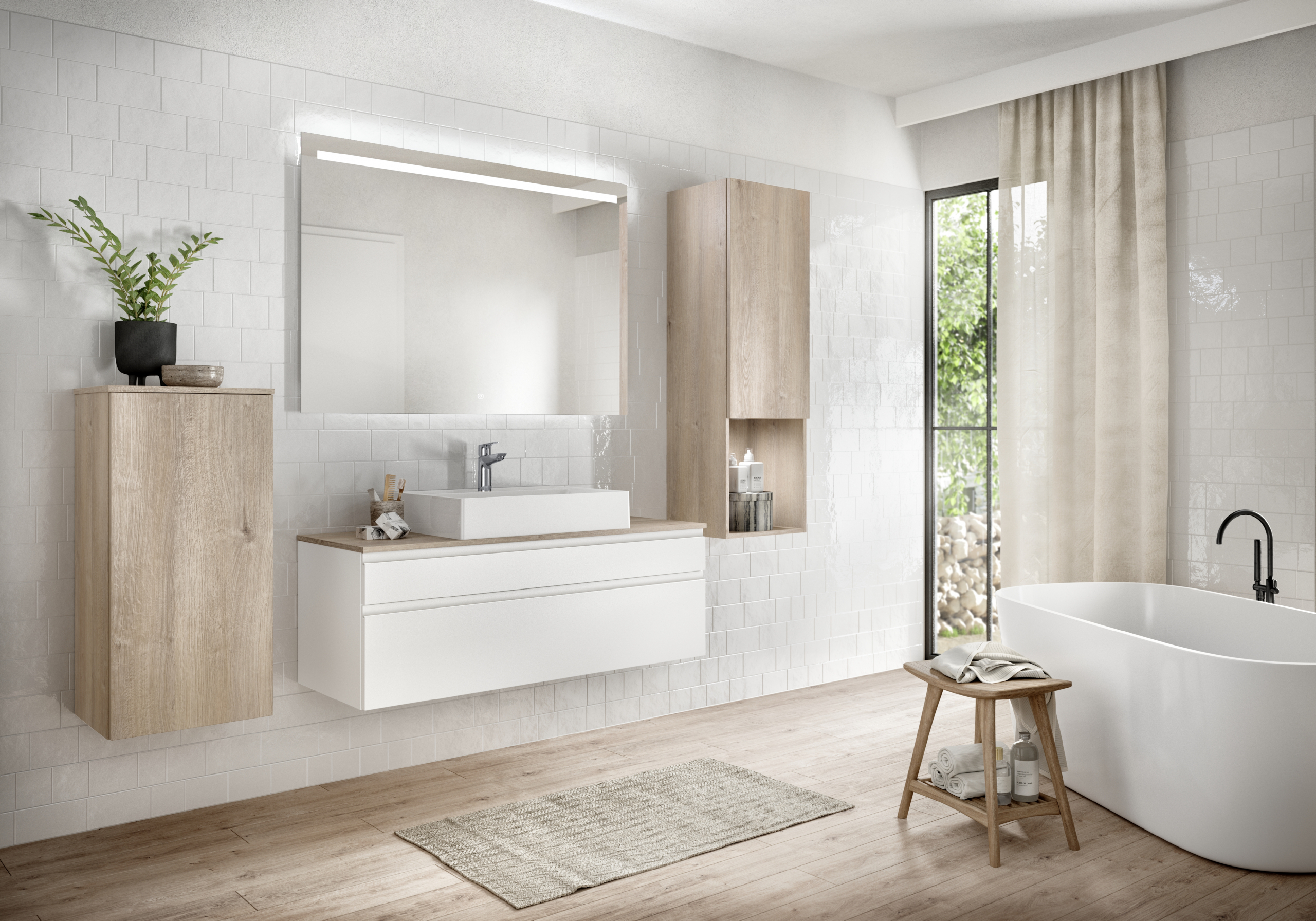 Weißes Designerbadezimmer mit beigen Holzschränken